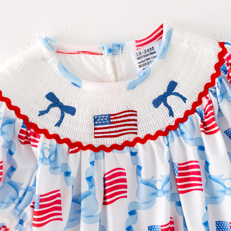 (In Stock)Toddler Girls Patriotic Embroidery Smocked Romper
