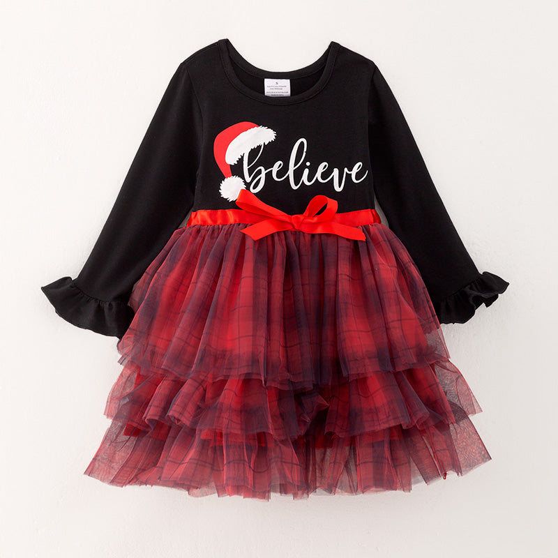 (In Stock A4-7-2)Girls Christmas Print Tulle Dress