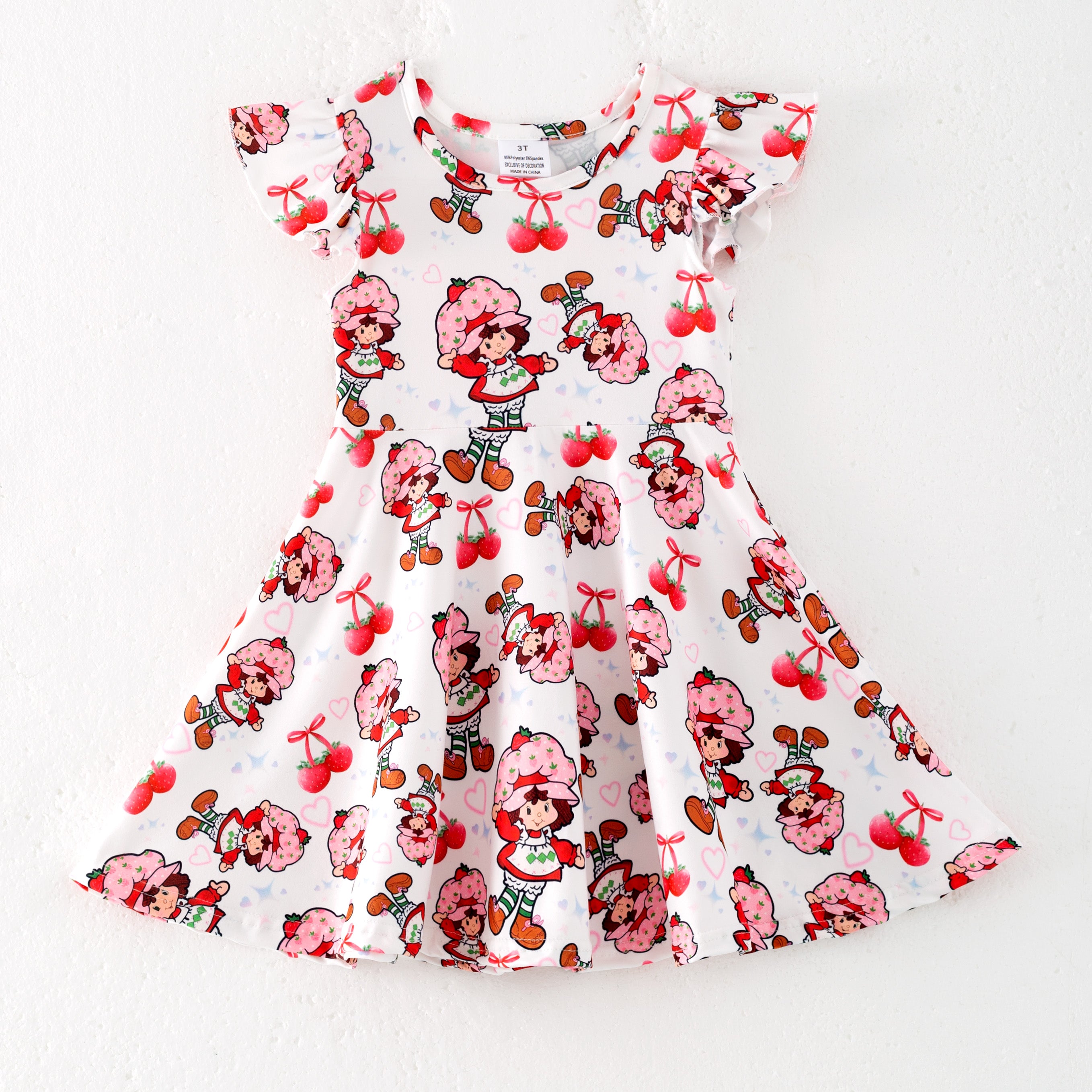 (Pre Order)Girls Spring and Summer Strawberry Print Flying Sleeves Dress