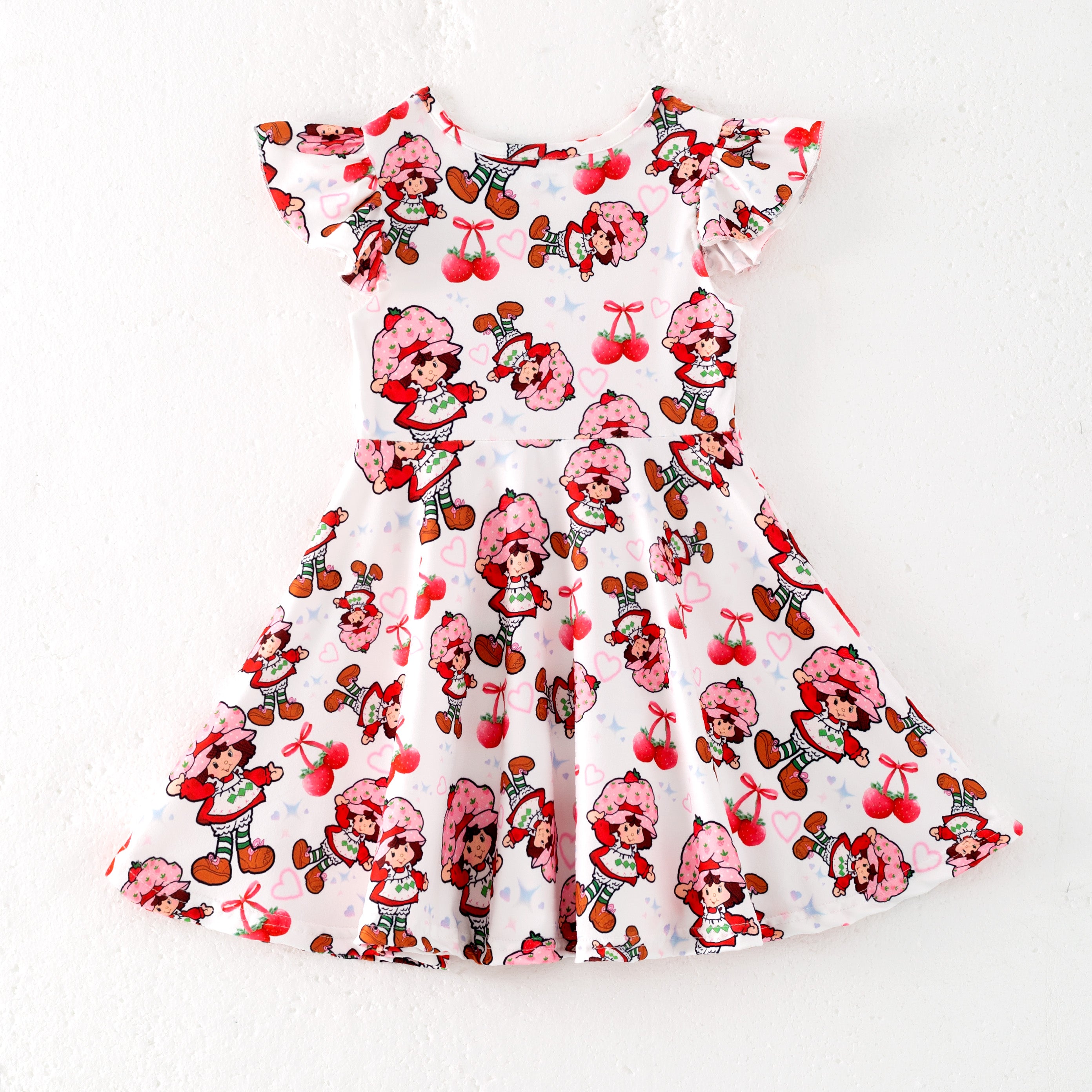 (Pre Order)Girls Spring and Summer Strawberry Print Flying Sleeves Dress