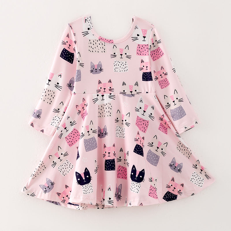 (In Stock E2-3-2)Girls Fall Cute Kitty Print Dress