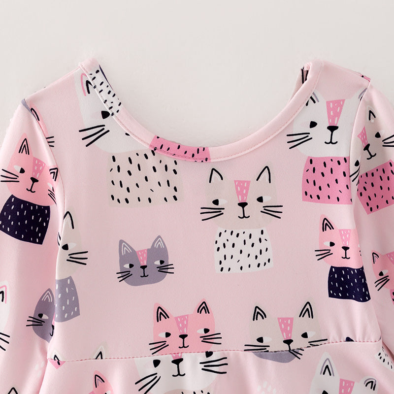 (In Stock E2-3-2)Girls Fall Cute Kitty Print Dress