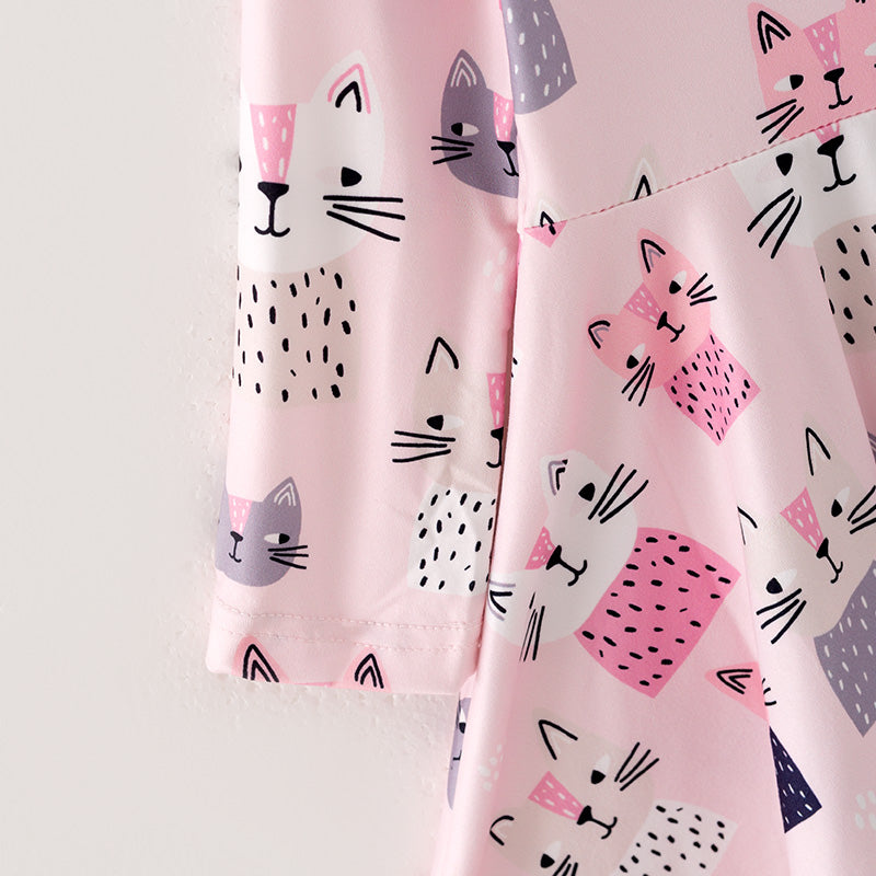 (In Stock E2-3-2)Girls Fall Cute Kitty Print Dress