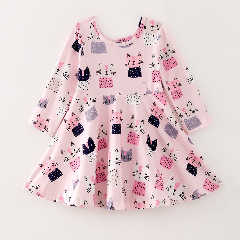 (In Stock E2-3-2)Girls Fall Cute Kitty Print Dress