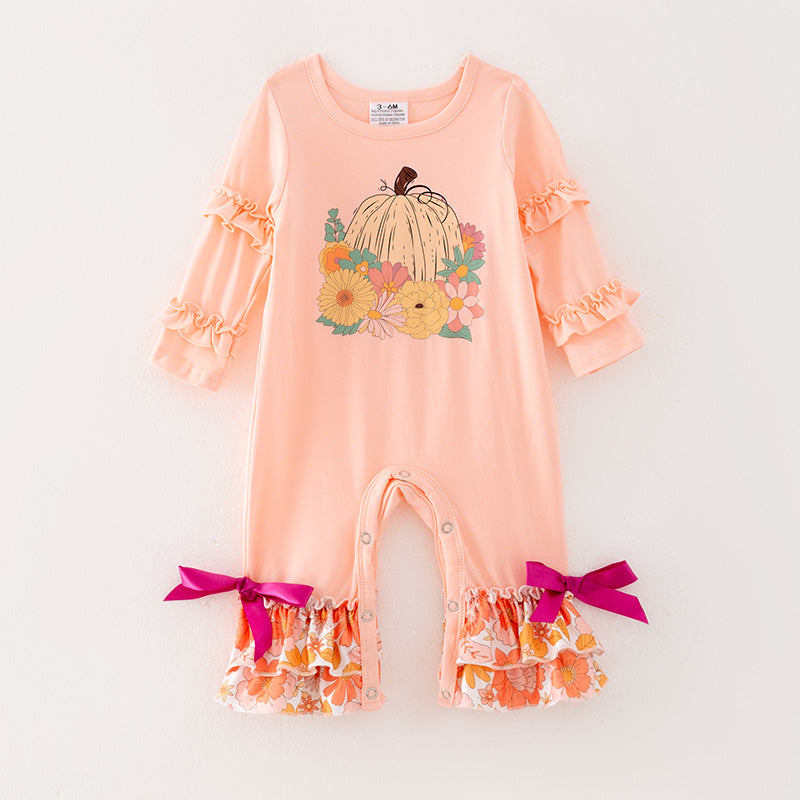 (In Stock E7-4-1)Girls Fall Pumpkin Print Romper