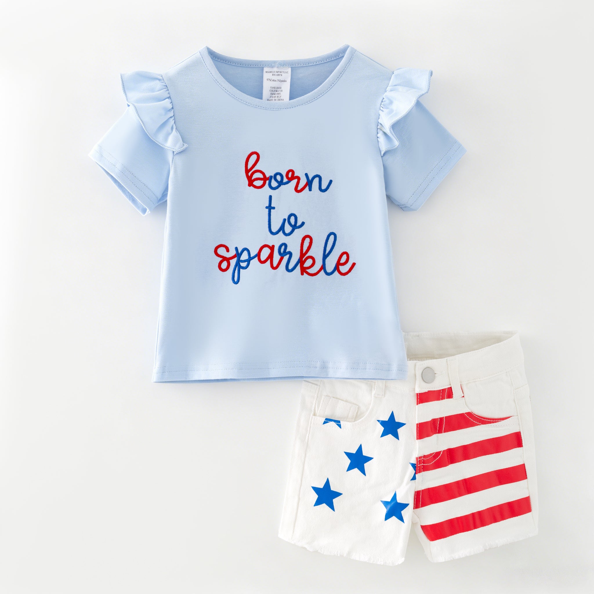 (In Stock)Girls Patriotic Born To Sparkle Embroidery Denim Shorts Set