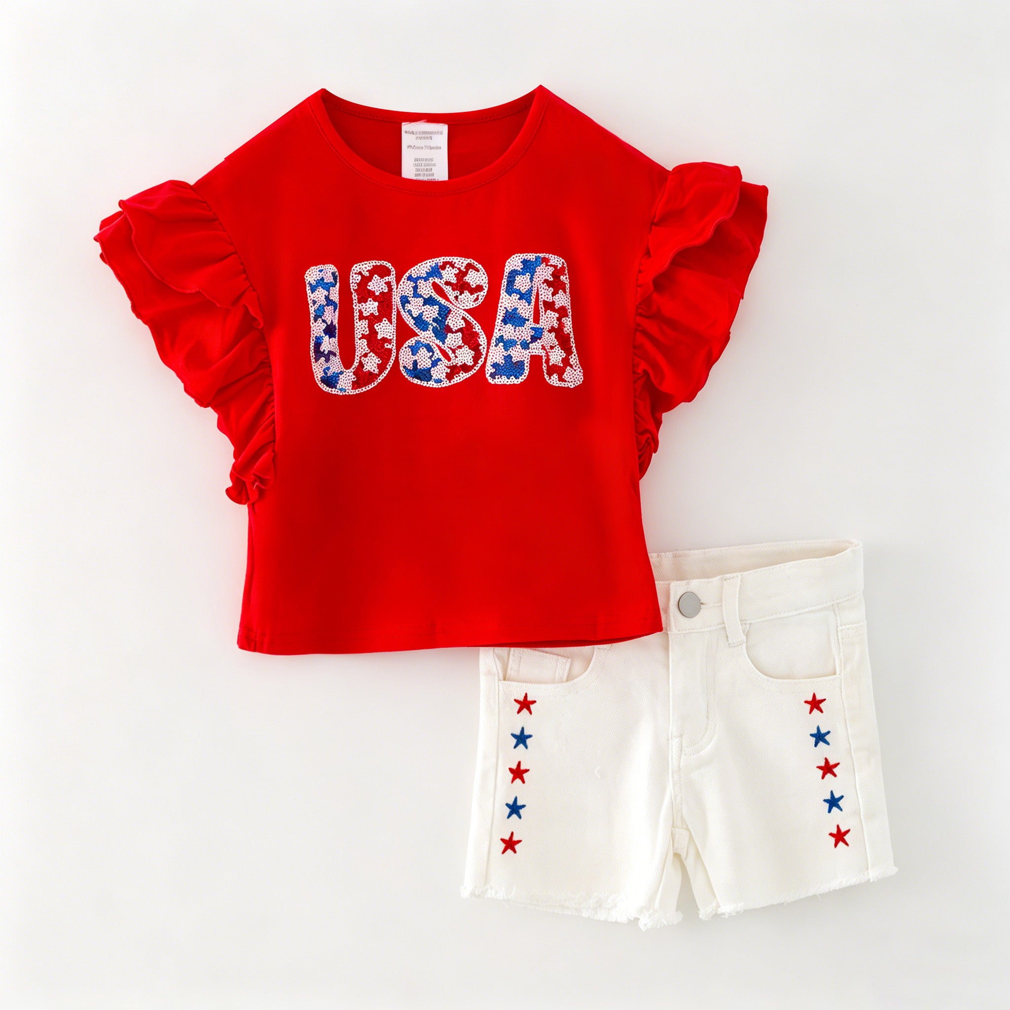 (In Stock)Girls Patriotic USA Sequin Denim Shorts Set