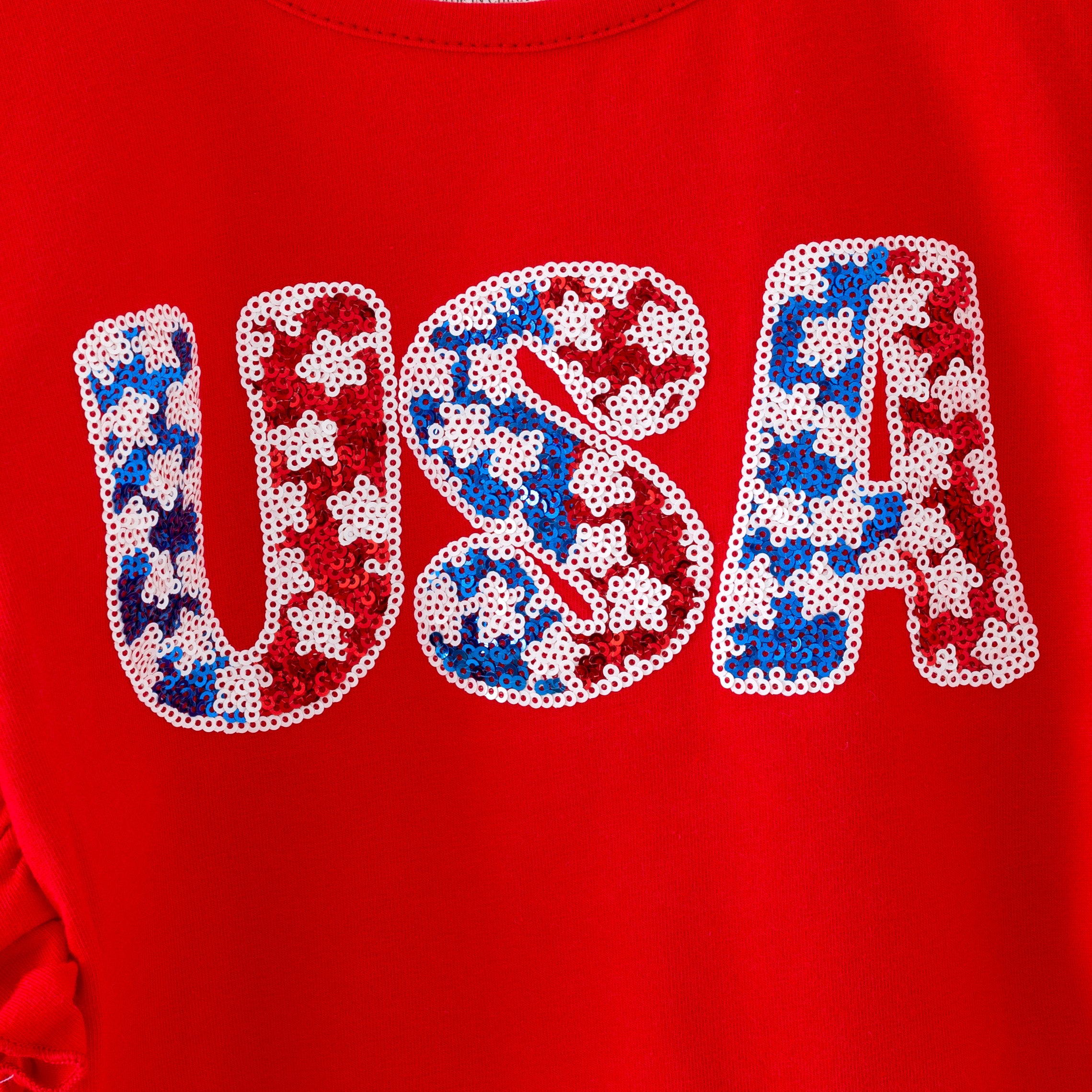 (In Stock)Girls Patriotic USA Sequin Denim Shorts Set