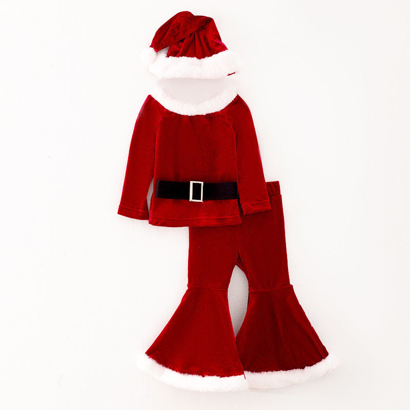 (In Stock L26-4-2)Girls Christmas Red Velvet Santa Suit