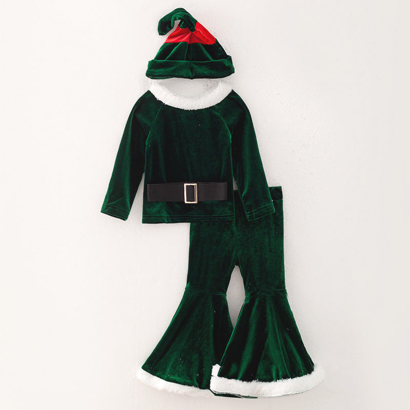 (In Stock E2-1-2)Girls Christmas Green Velvet Santa Suit