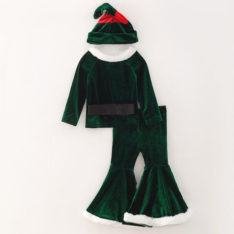 (In Stock E2-1-2)Girls Christmas Green Velvet Santa Suit