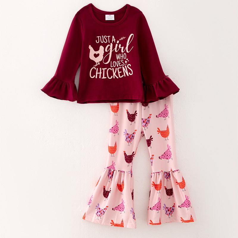 (In Stock E5-5-1)Girls Fall Chick Print Outfit Set