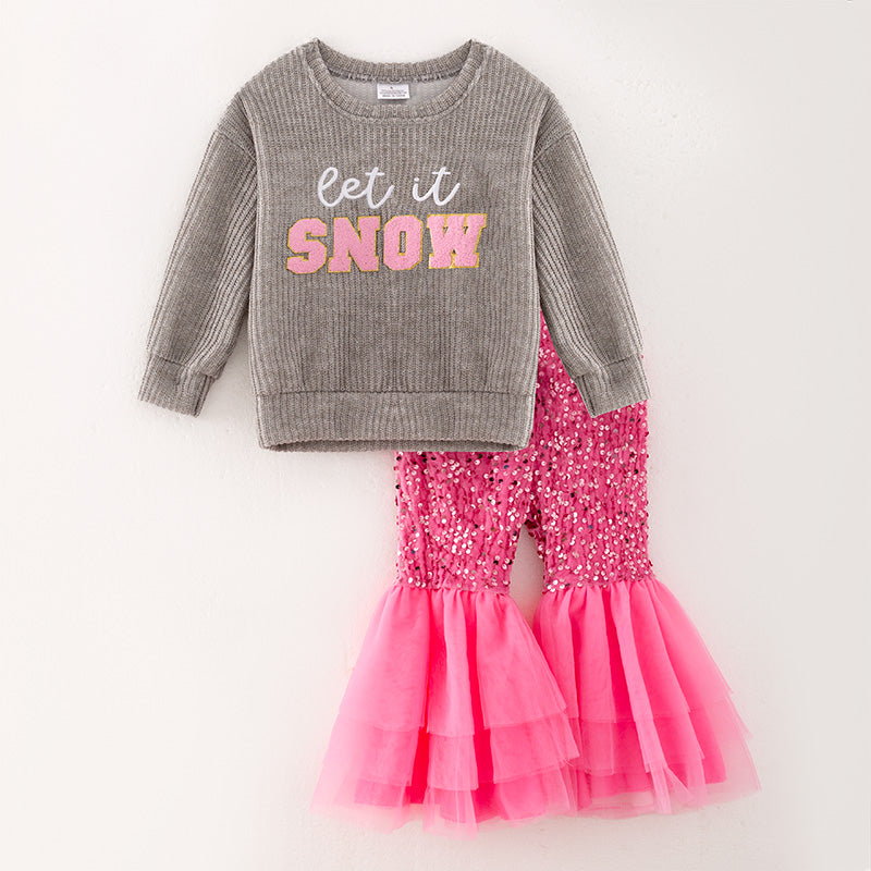 (In Stock G28-2-2)Girls Christmas Chenille Patches Sweater Sequin Pants Set