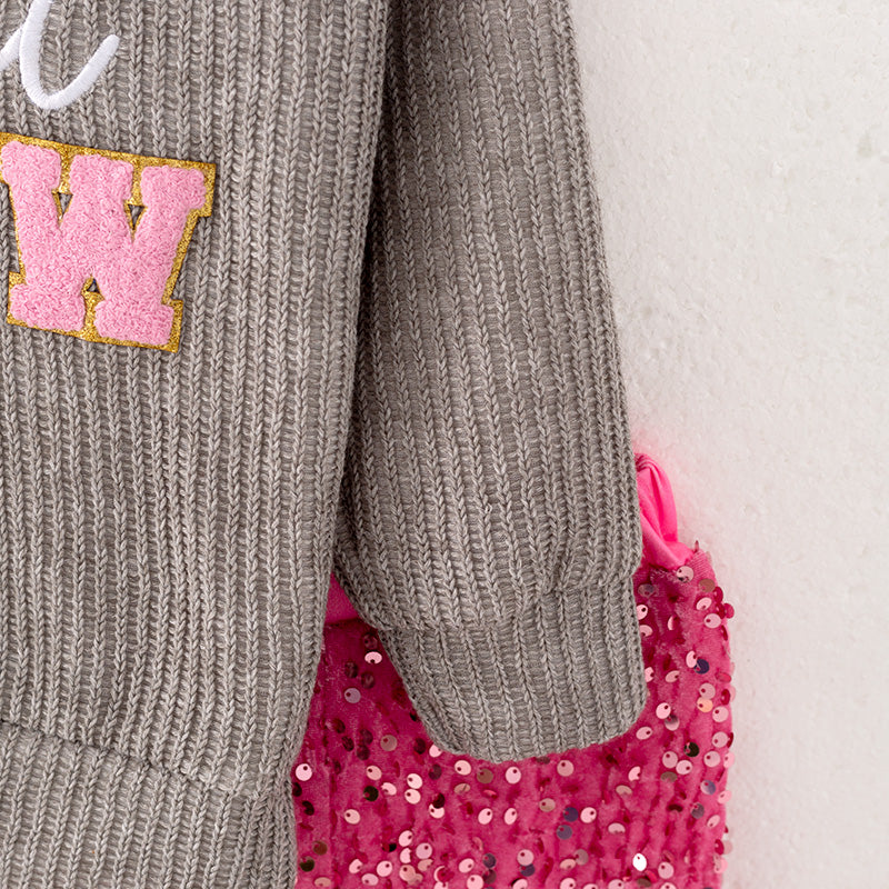 (In Stock G28-2-2)Girls Christmas Chenille Patches Sweater Sequin Pants Set