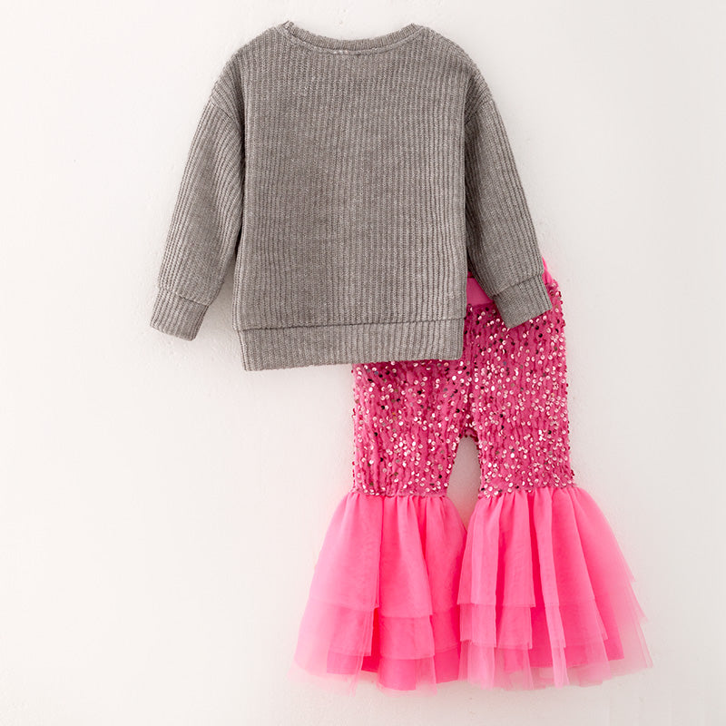 (In Stock G28-2-2)Girls Christmas Chenille Patches Sweater Sequin Pants Set