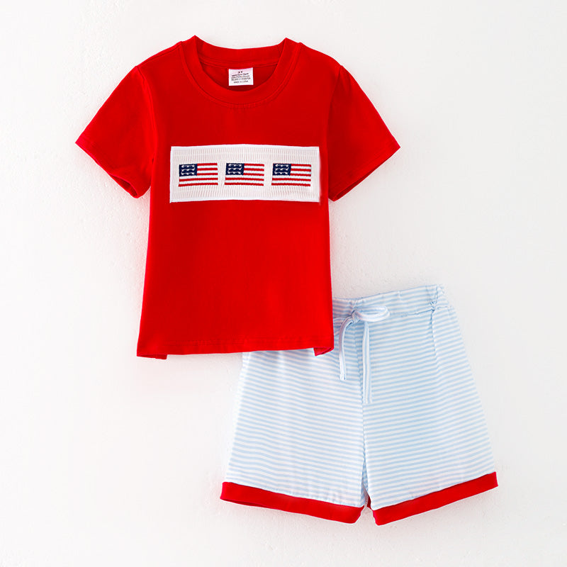 (In Stock)Boys Patriotic Embroidery Smocked Shorts Set
