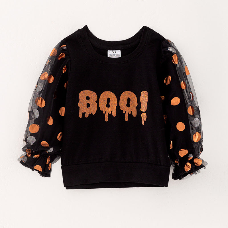 (In Stock E30-3-3)Girls Halloween BOO Print Puff Sleeve Top