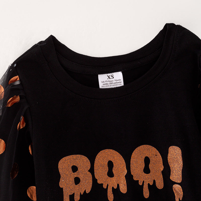 (In Stock E30-3-3)Girls Halloween BOO Print Puff Sleeve Top