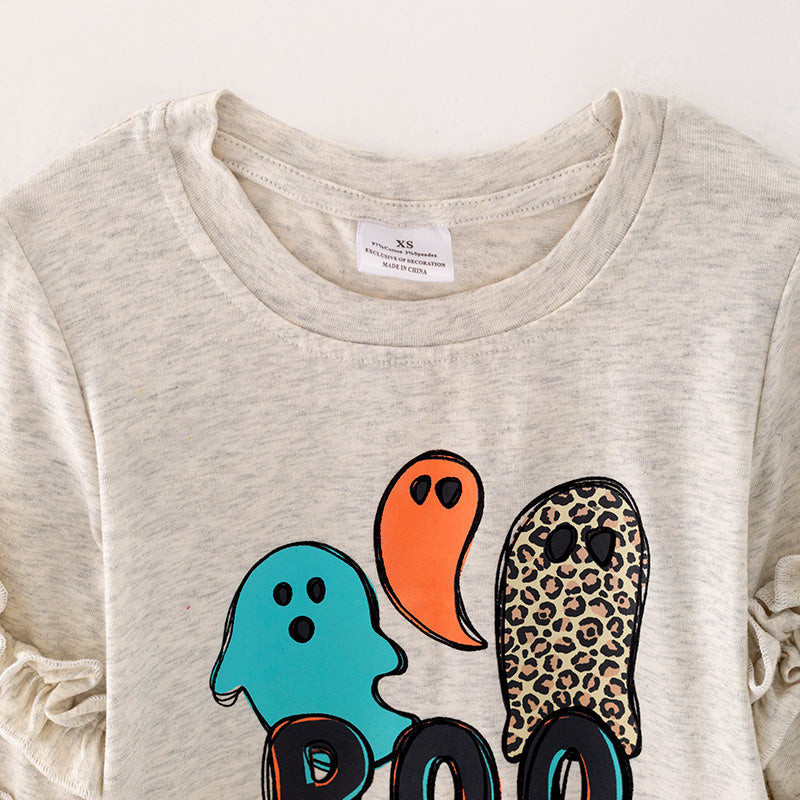 (In Stock E31-5-3)Girls Halloween BOO Print Top