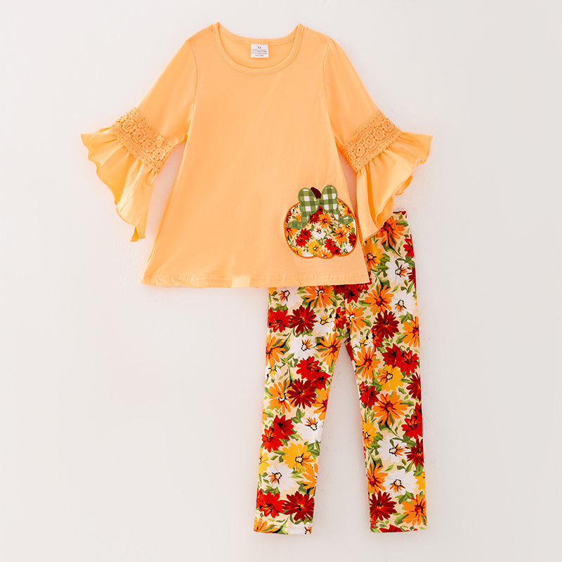 (In Stock E25-2-3)Girls Fall Cotton Top Floral Print Pants Set