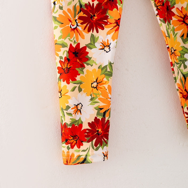 (In Stock E25-2-3)Girls Fall Cotton Top Floral Print Pants Set