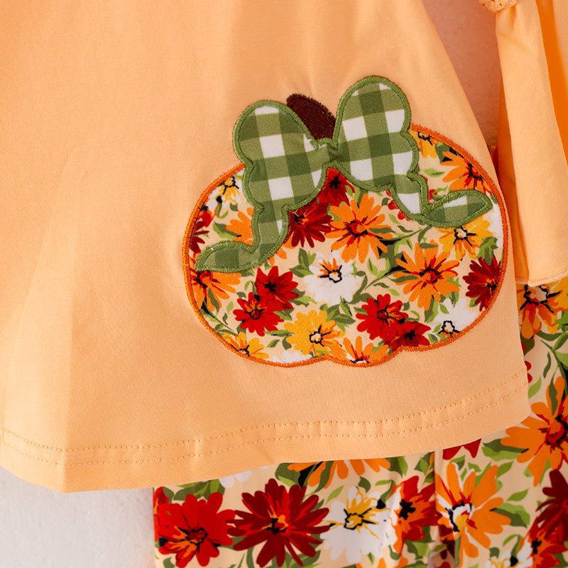 (In Stock E25-2-3)Girls Fall Cotton Top Floral Print Pants Set