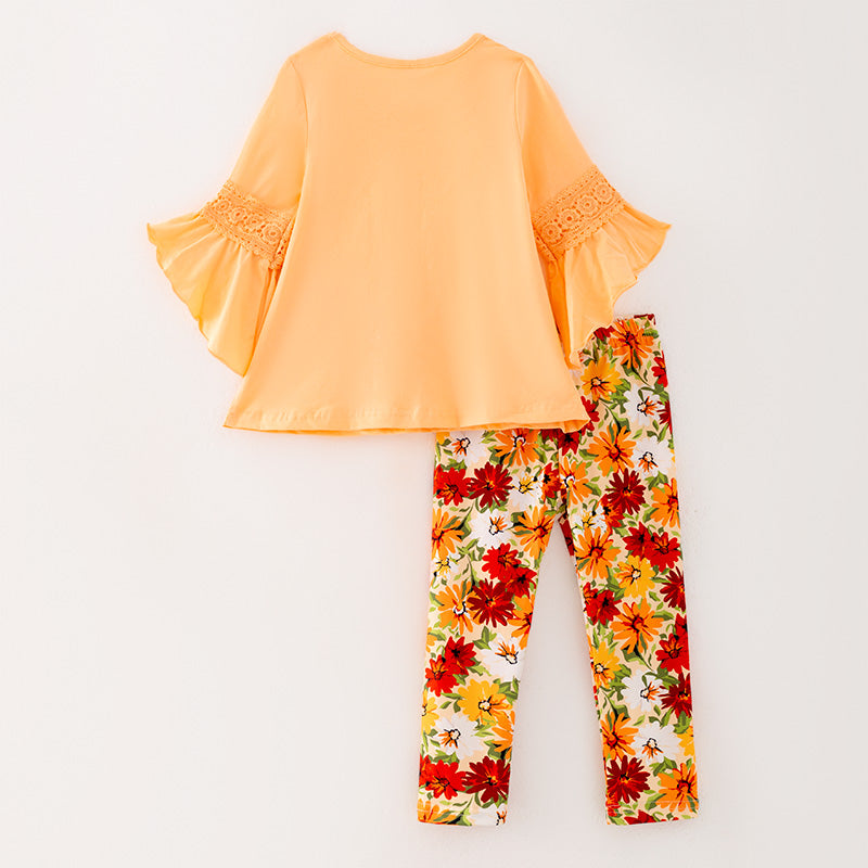 (In Stock E25-2-3)Girls Fall Cotton Top Floral Print Pants Set