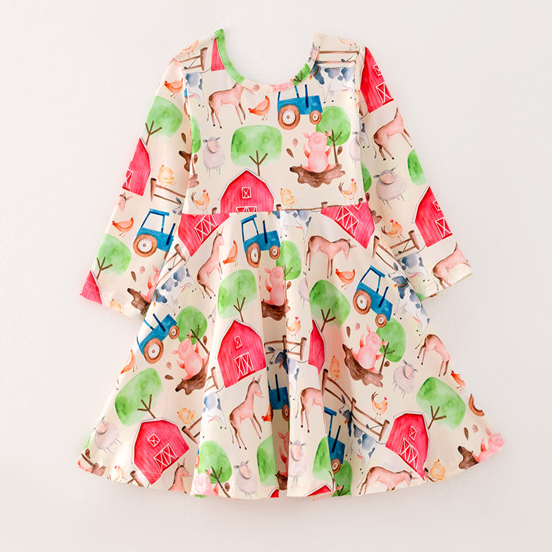 (In Stock E4-5-2)Girls Fall Farm Print Dress