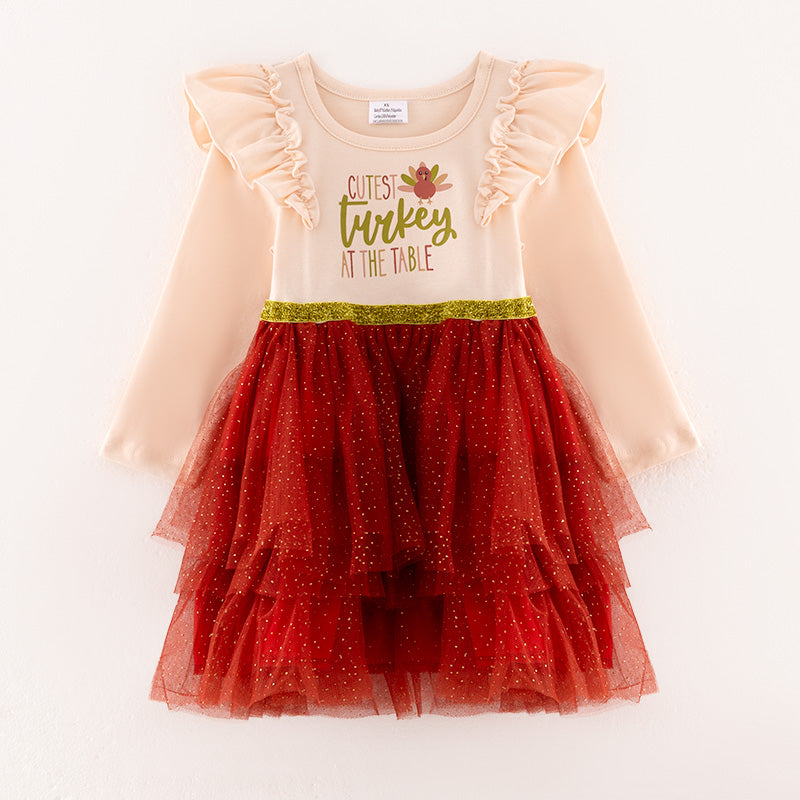 (In Stock L25-4-1)Girls Thanksgiving Turkey Print Tulle Dress