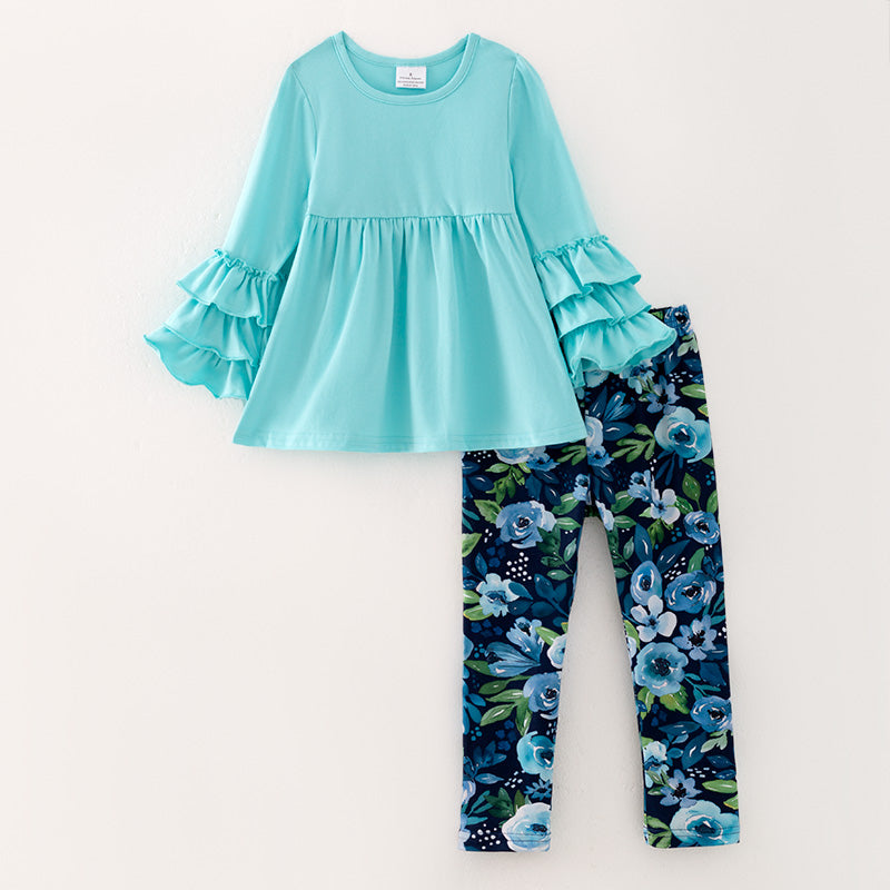(In Stock L30-3-1)Girls Fall Turquoise Outfit Set