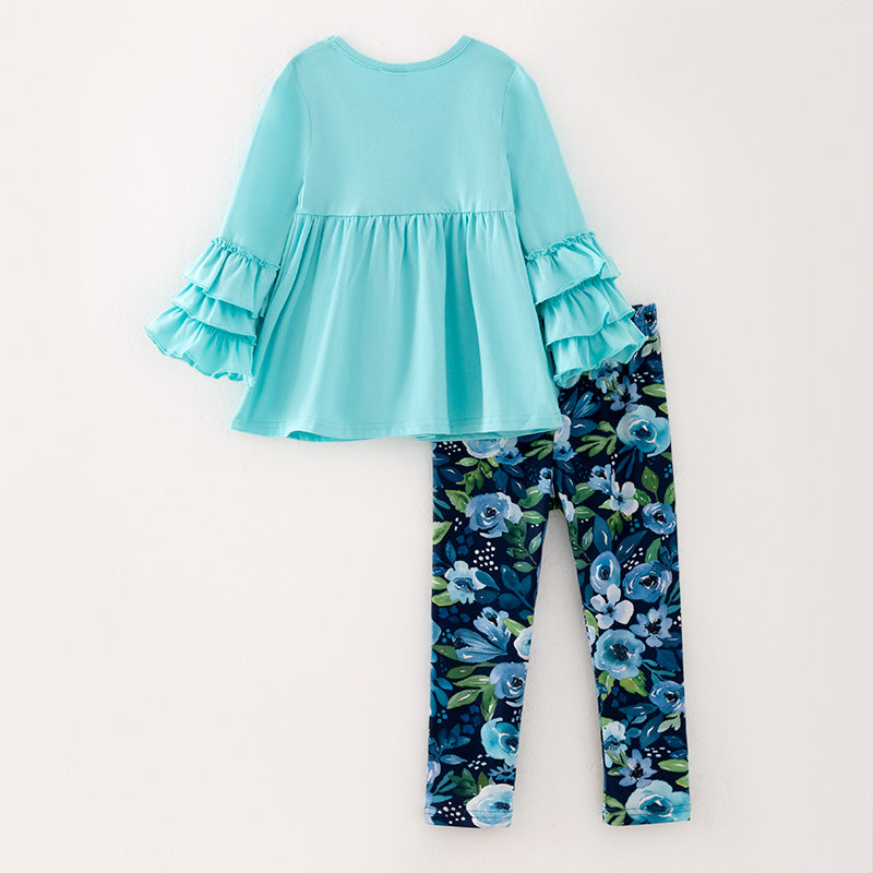 (In Stock L30-3-1)Girls Fall Turquoise Outfit Set