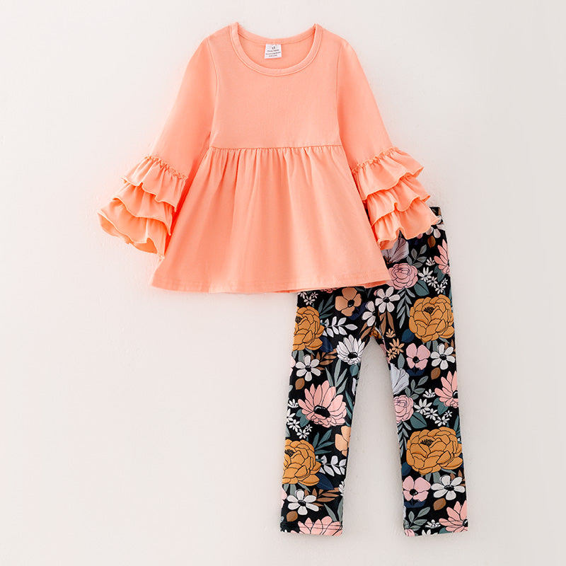 (In Stock G27-3-2)Girls Fall Cotton Top Floral Print Pants Set