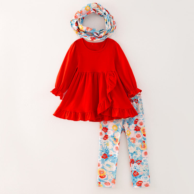 (In Stock L33-2-3)Girls Fall Tangerine Top Floral Print Pants Set