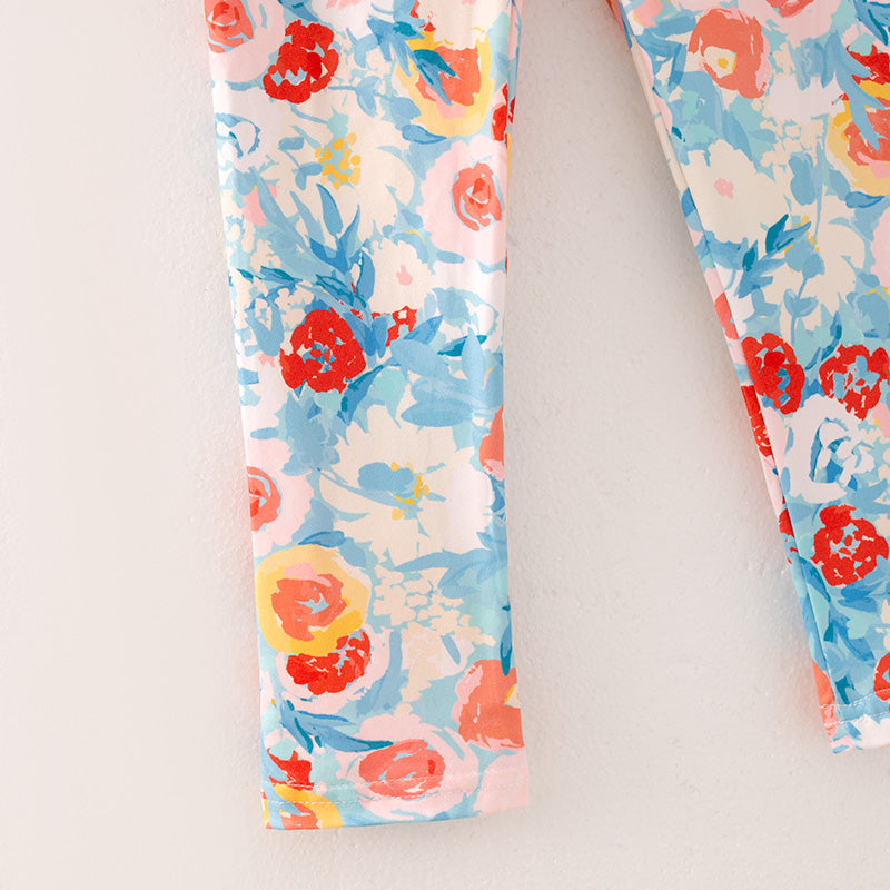 (In Stock L33-2-3)Girls Fall Tangerine Top Floral Print Pants Set