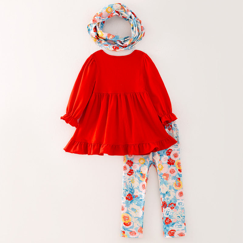 (In Stock L33-2-3)Girls Fall Tangerine Top Floral Print Pants Set