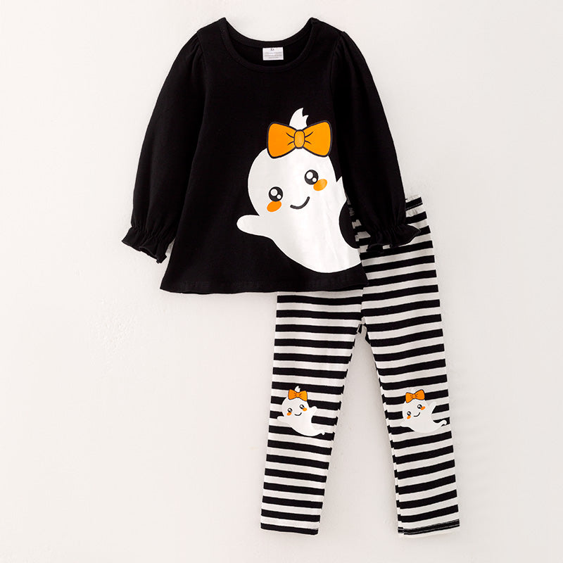 (In Stock E31-6-1)Girls Halloween Ghost Print Outfit Set