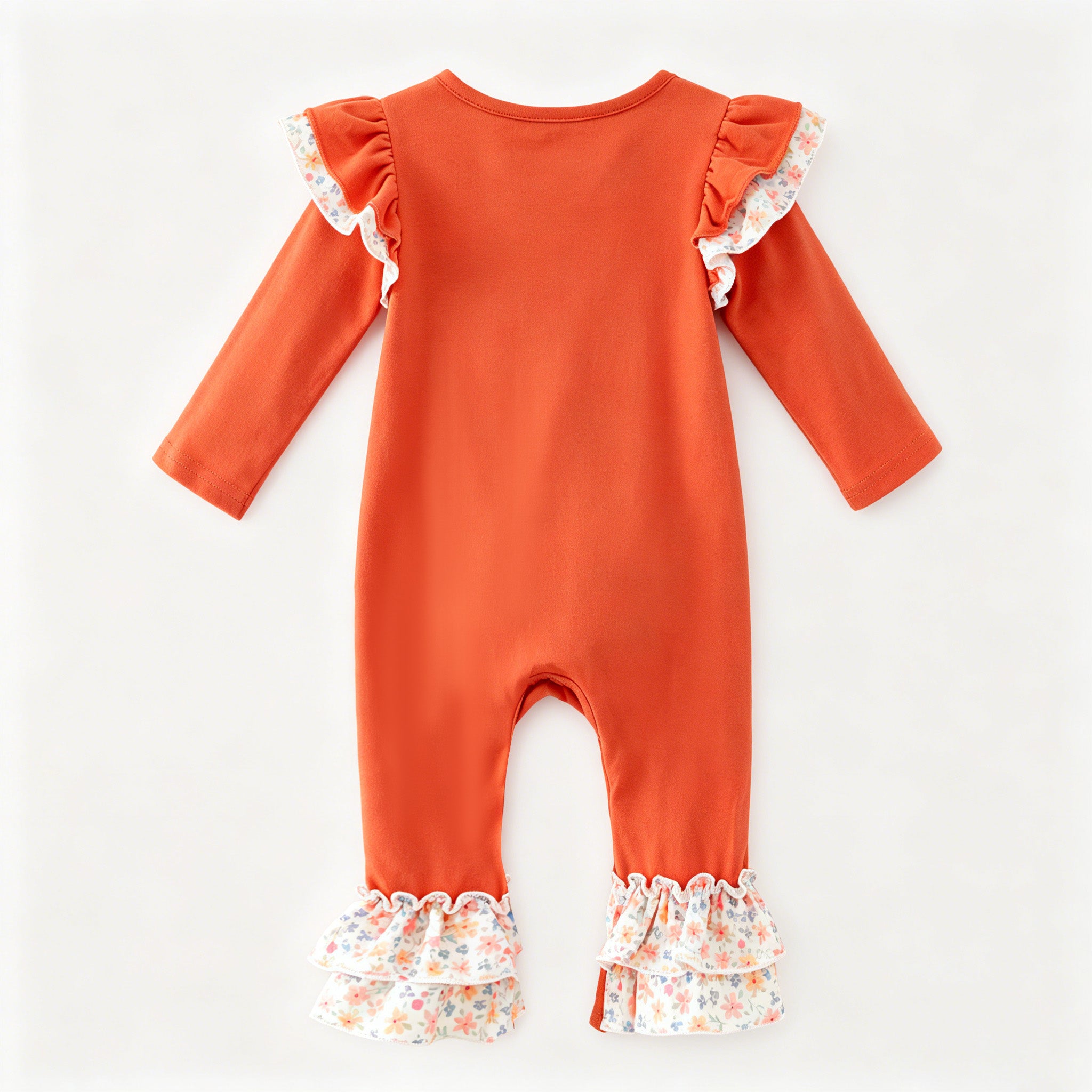 (In Stock)Toddler Girls Fall Pumpkin Applique Ruffle Romper