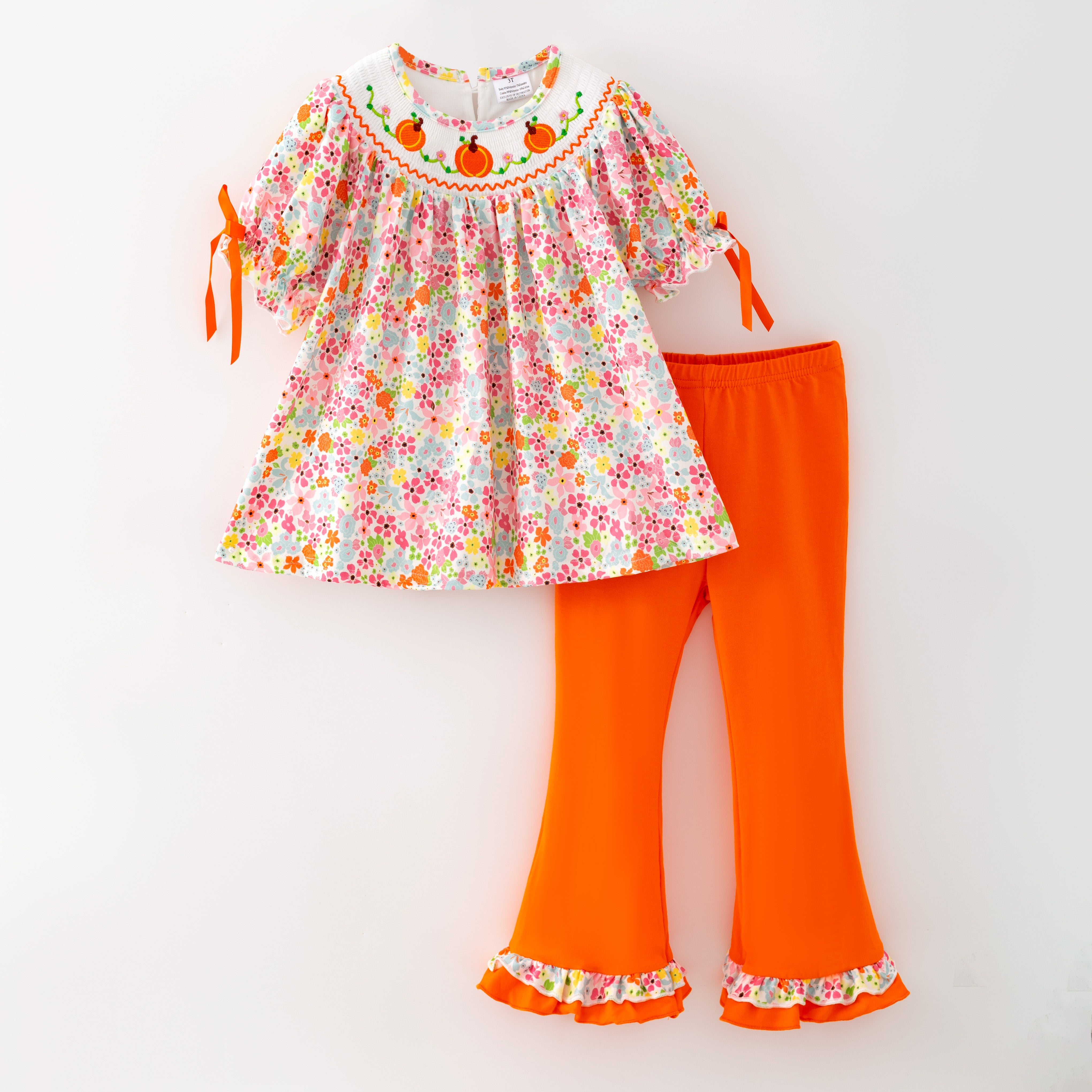 (In Stock)Sisters Fall Pumpkin Embroidery Smocked Outfit Set&Romper