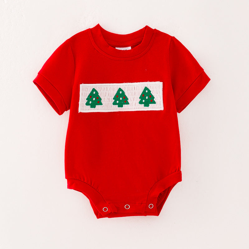 (In Stock A5-6-2)Baby Boys Christmas Tree Embroidery Smocked Romper