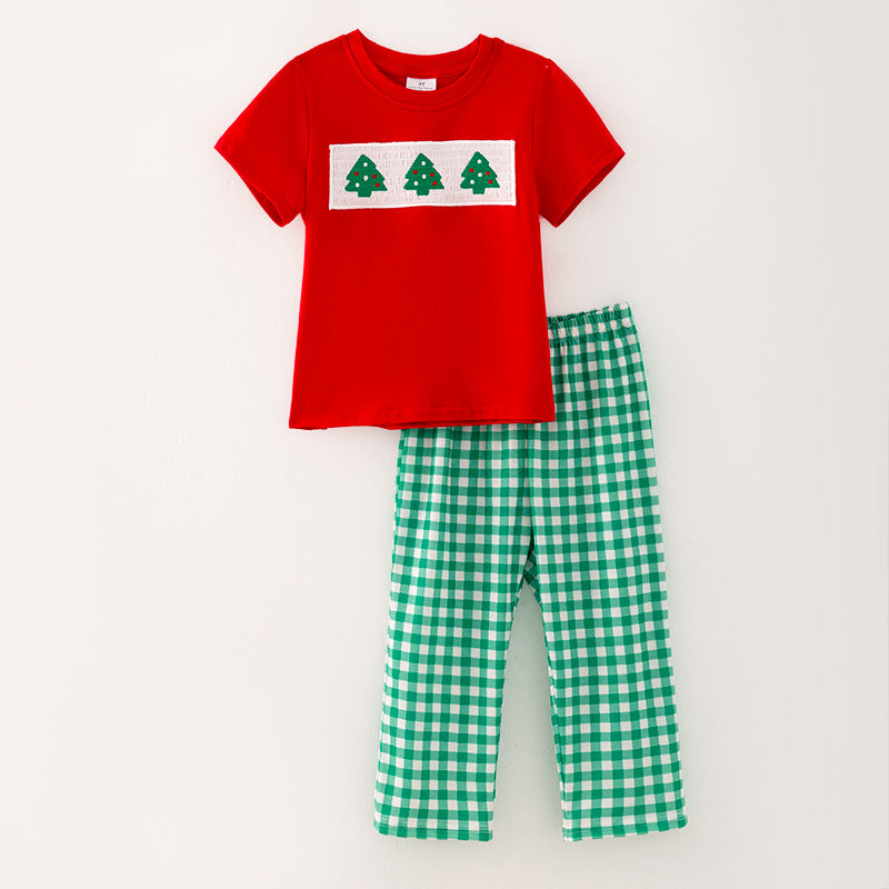 (In Stock A4-7-3)Boys Christmas Tree Embroidery Smocked Outfit Set