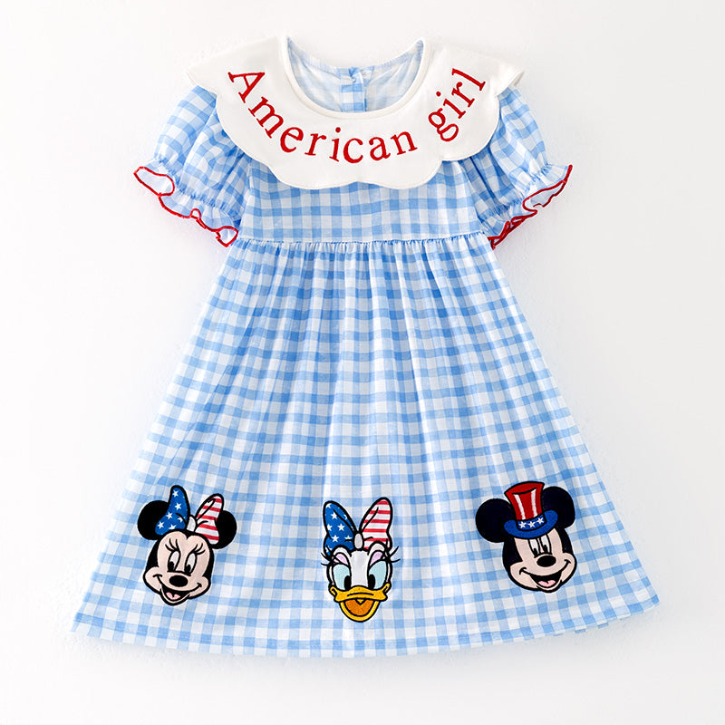 (In Stock)Girls Patriotic Cartoon Applique American Girl Embroidery Dress