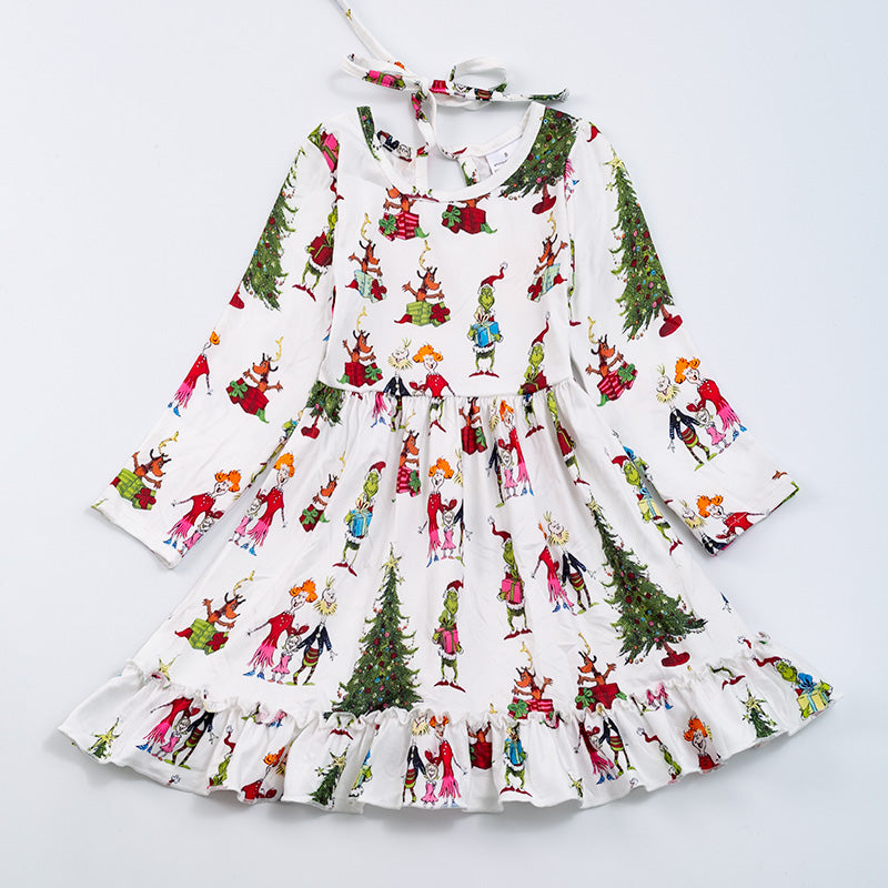 (In Stock G14-02-01)Grinch print long sleeve dress