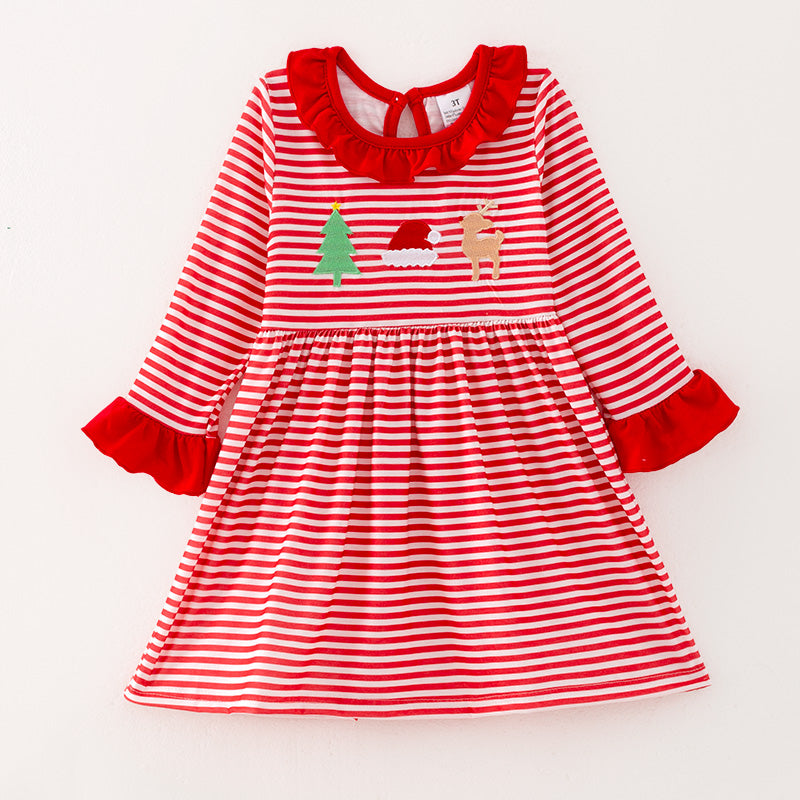 (In Stock)Girls Christmas Embroidery Red Stripe Dress