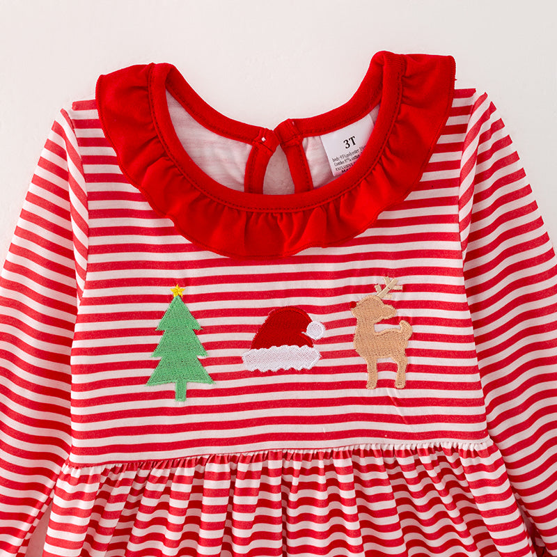 (In Stock)Girls Christmas Embroidery Red Stripe Dress