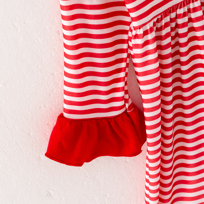 (In Stock)Girls Christmas Embroidery Red Stripe Dress