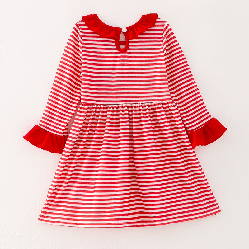 (In Stock)Girls Christmas Embroidery Red Stripe Dress
