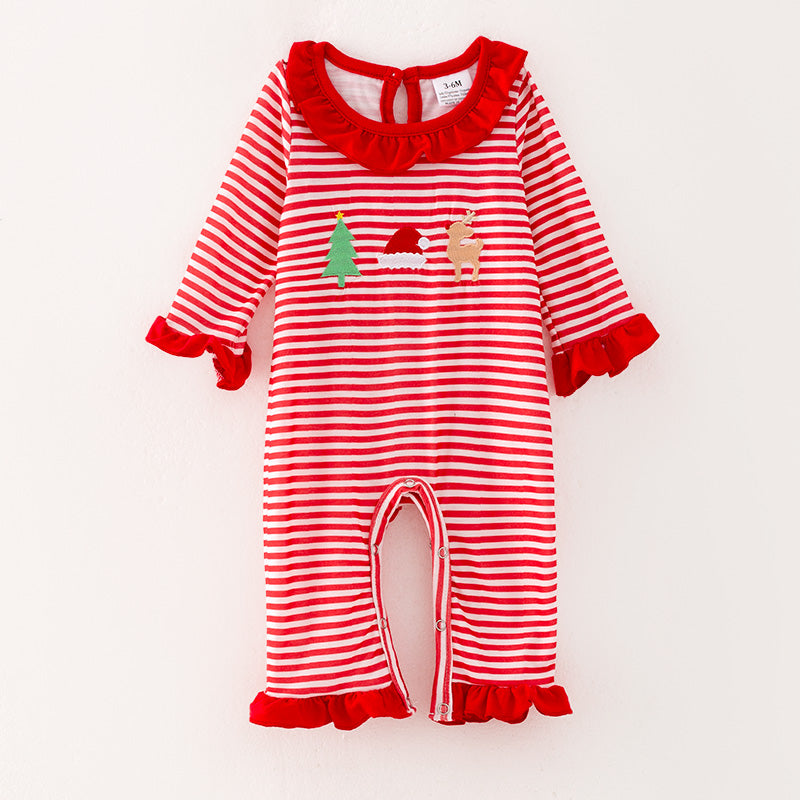 (In Stock)Baby Girls Christmas Embroidery Red Stripe Romper