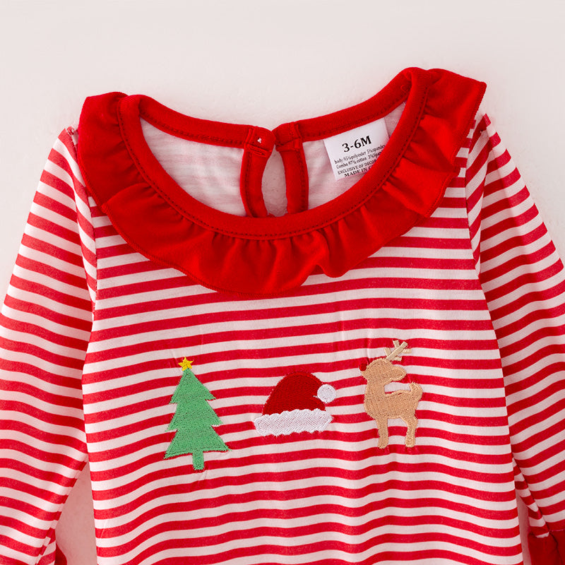 (In Stock)Baby Girls Christmas Embroidery Red Stripe Romper
