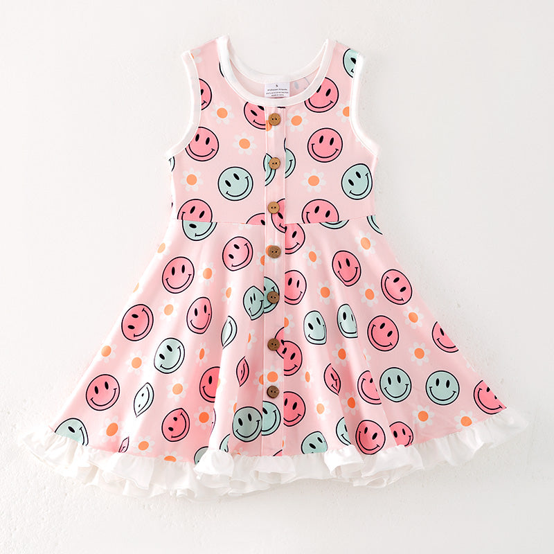(In Stock)Girls Spring and Summer Smile Print Dress