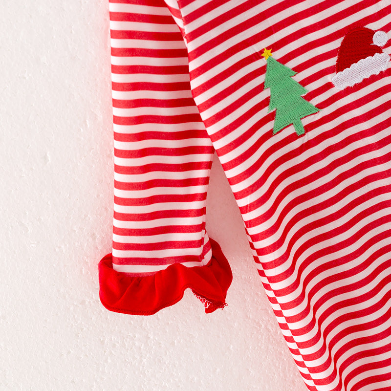 (In Stock)Baby Girls Christmas Embroidery Red Stripe Romper